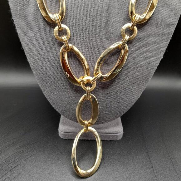 Chico's Golden Link Necklace, Brown Twisted Leather Cord, 25 Inches - Picture 3 of 12